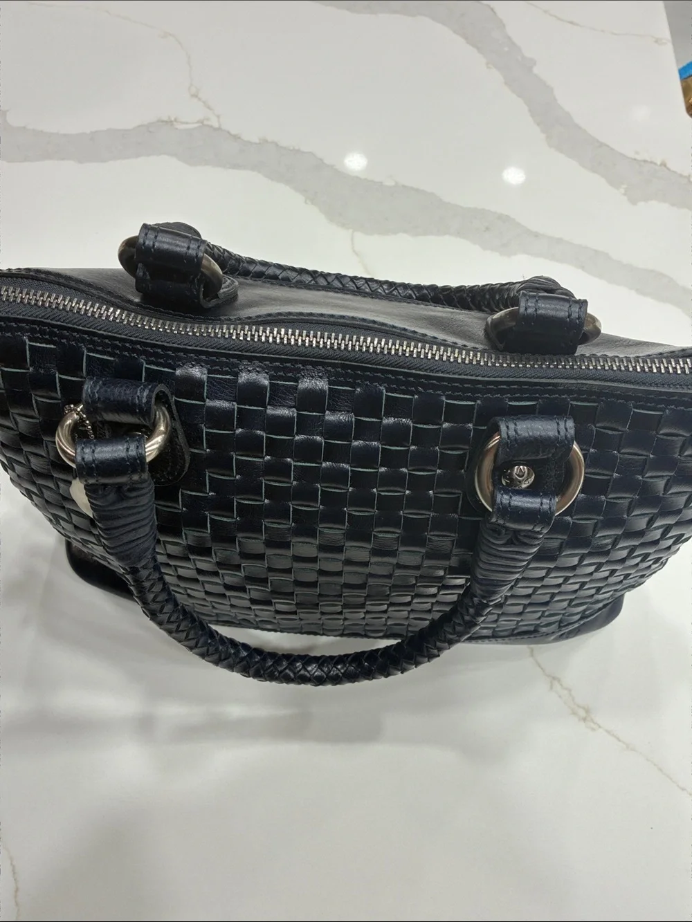 Augusta Satchel Vintage Distressed Woven Leather | Navy Blue